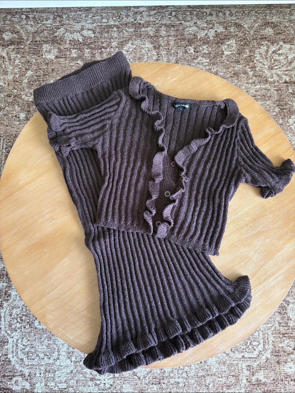 Ruffled Ribbed Knit Cardigan and Skirt Set